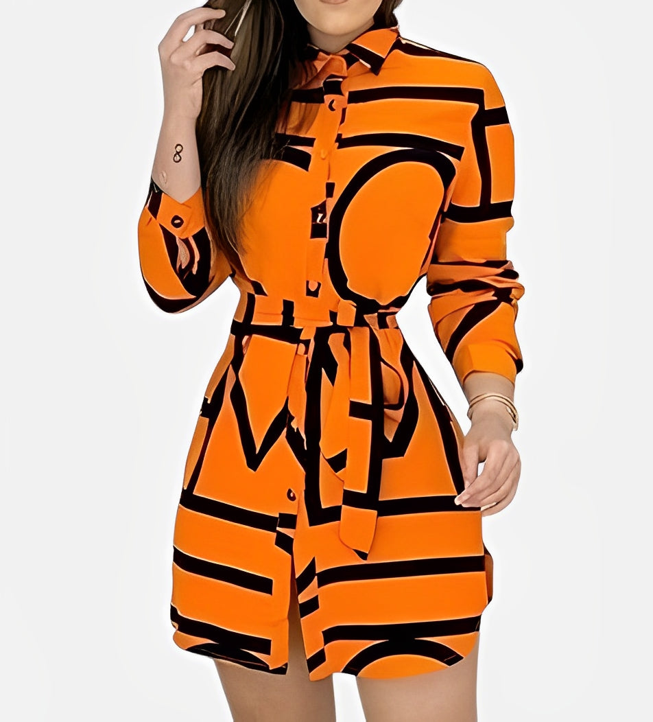NOVON — Women's Graphic Button-Front Shirt Dress with Sharp Detail