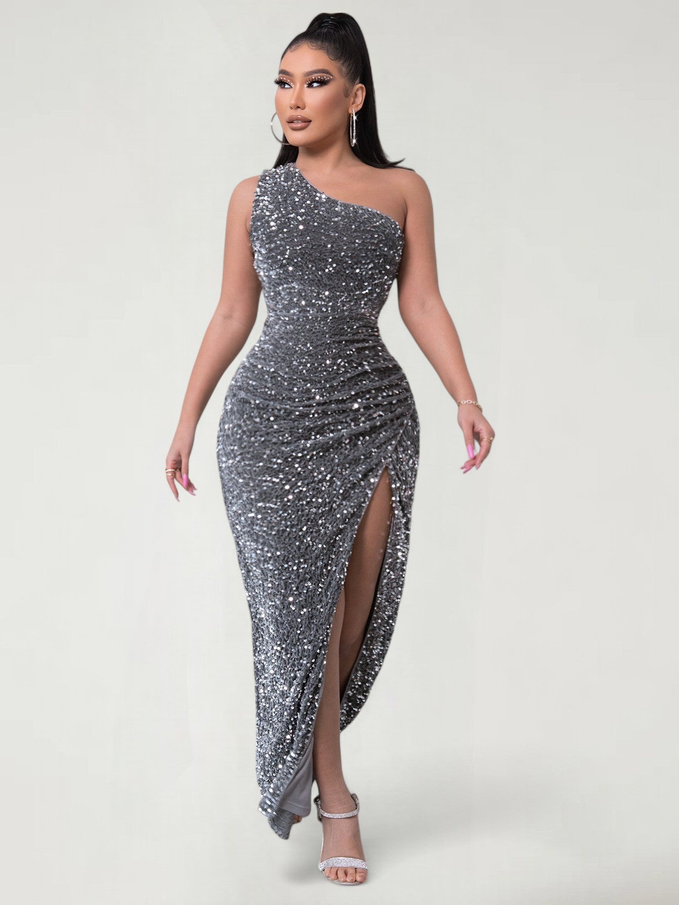 BRIXAEL — One-Shoulder Sequin Evening Gown with High Slit