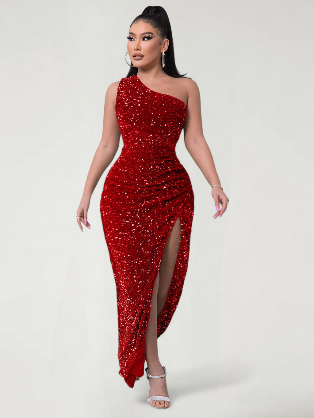 BRIXAEL — One-Shoulder Sequin Evening Gown with High Slit