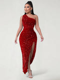 BRIXAEL — One-Shoulder Sequin Evening Gown with High Slit