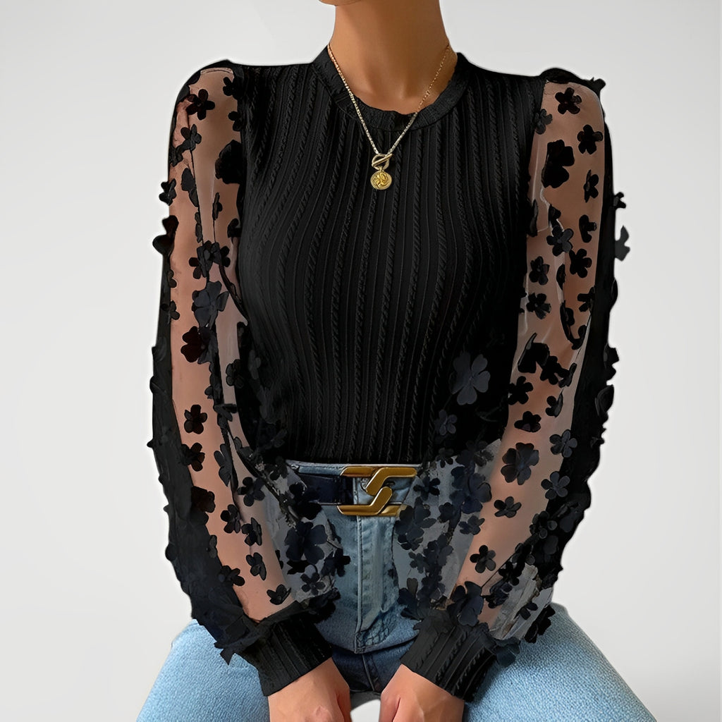 DRAONN — Floral Mesh Sleeve Ribbed Knit Top for Women