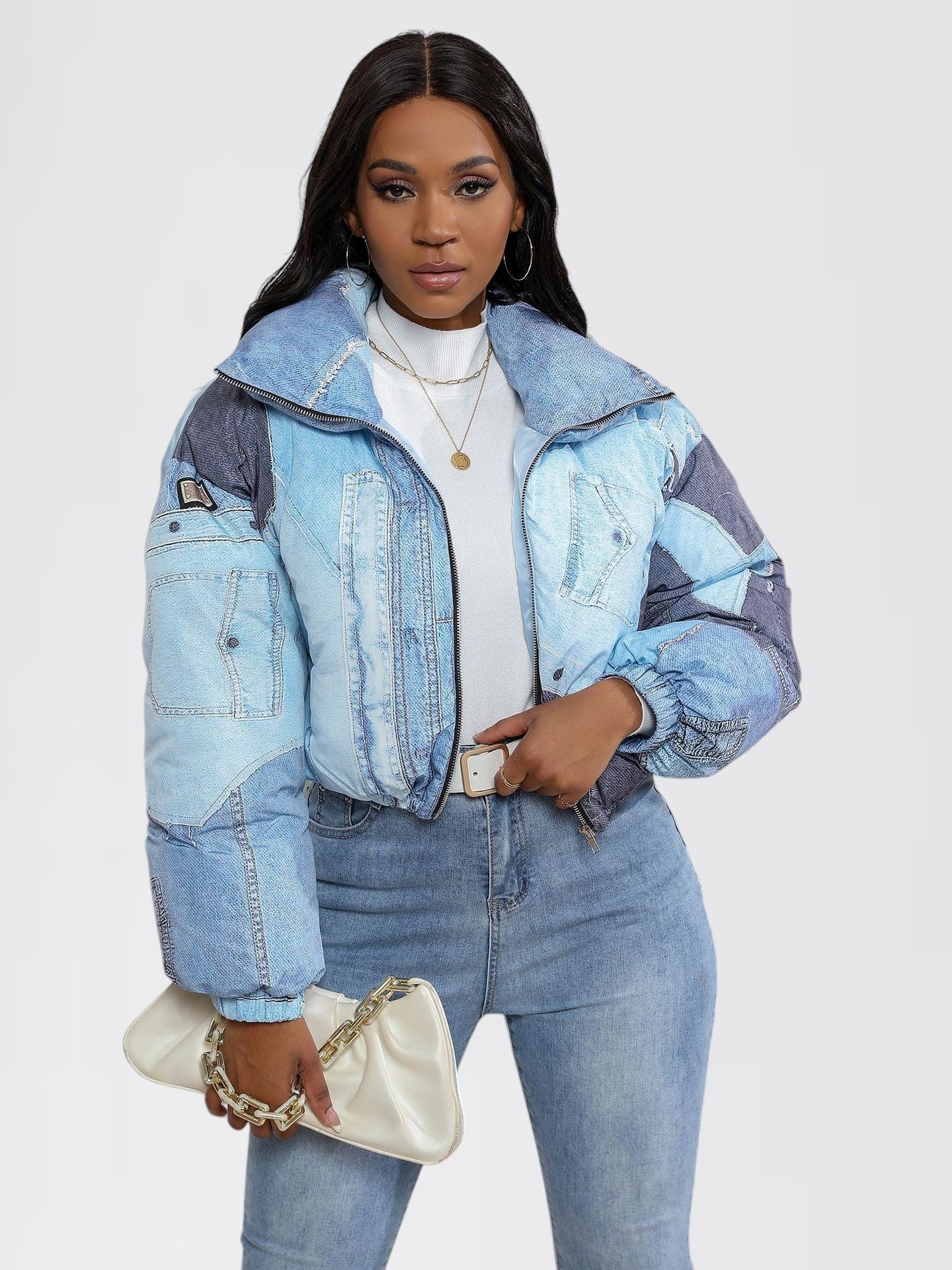 CELEL — Cropped Patchwork Denim Puffer Jacket for Women