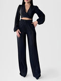 OREON — Women's Pleated Crop Top and Wide-Leg Pant Set