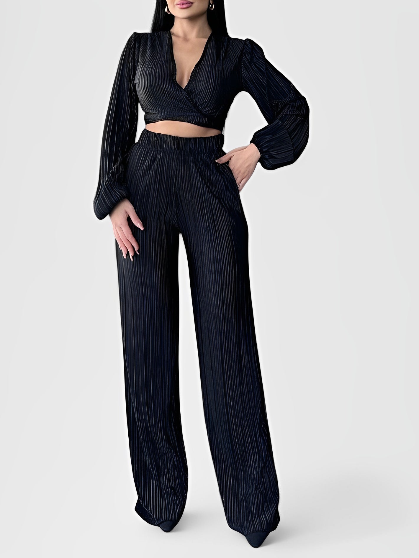 OREON — Women's Pleated Crop Top and Wide-Leg Pant Set
