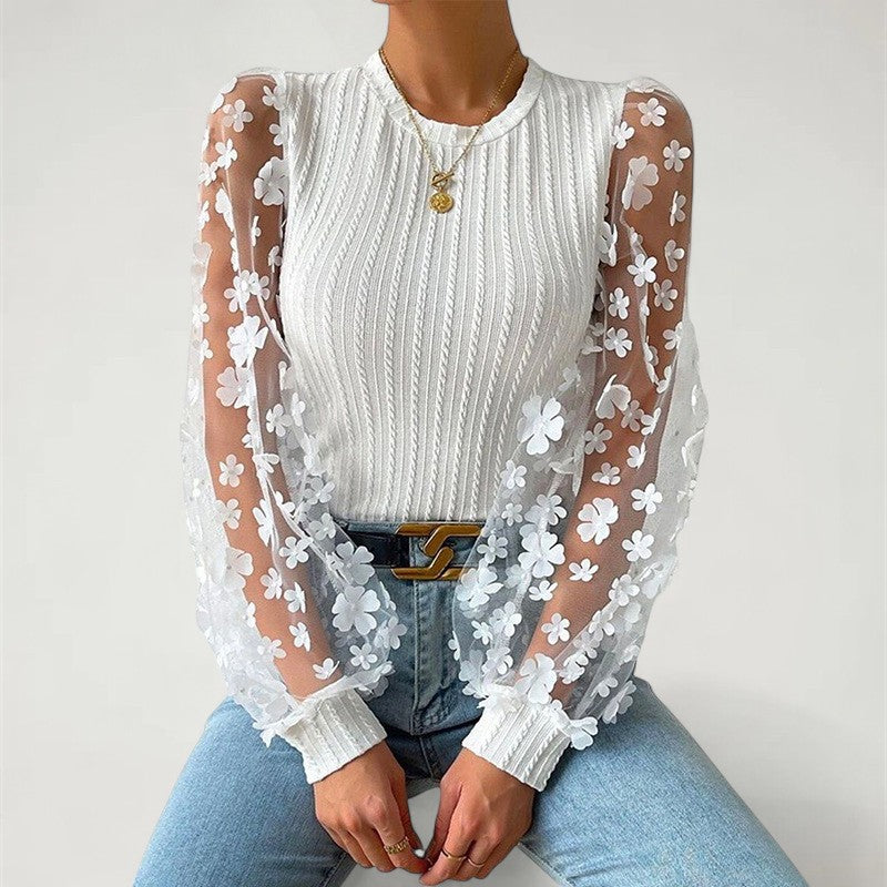 DRAONN — Floral Mesh Sleeve Ribbed Knit Top for Women