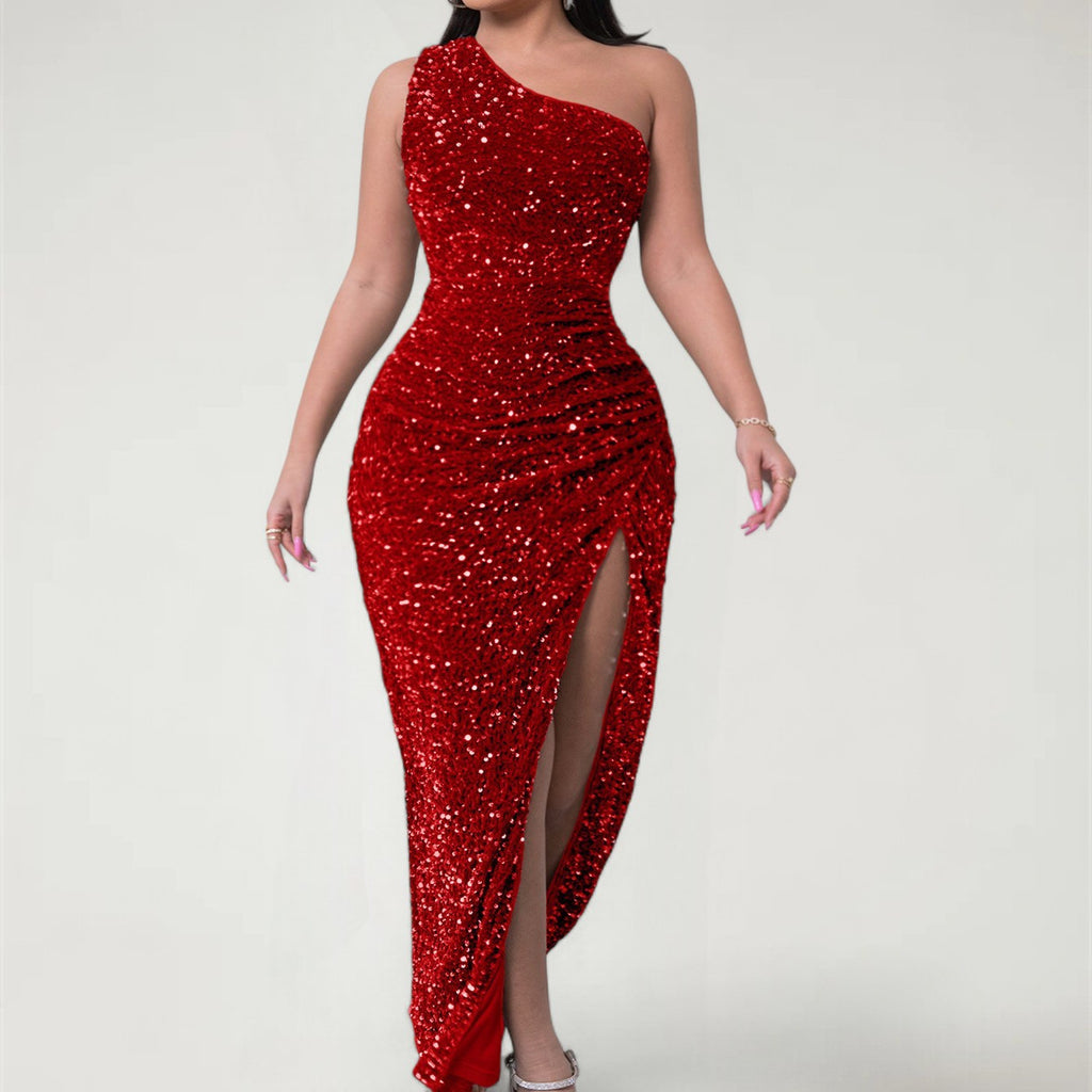 BRIXAEL — One-Shoulder Sequin Evening Gown with High Slit