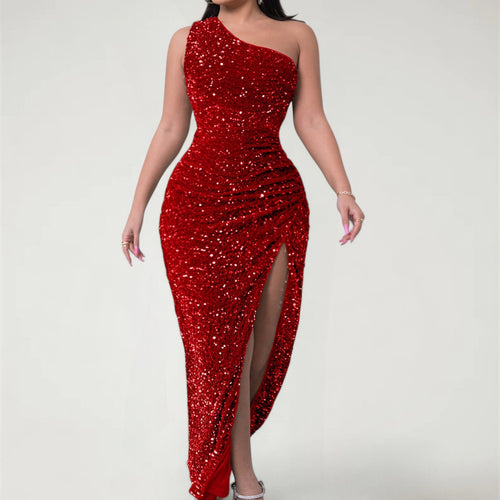 BRIXAEL — One-Shoulder Sequin Evening Gown with High Slit
