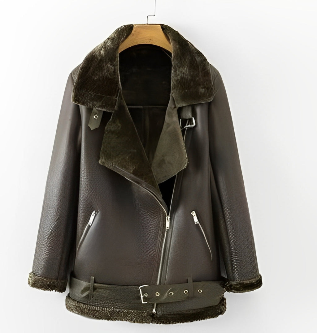 FENON — Faux Shearling Aviator Jacket with Belt Detail
