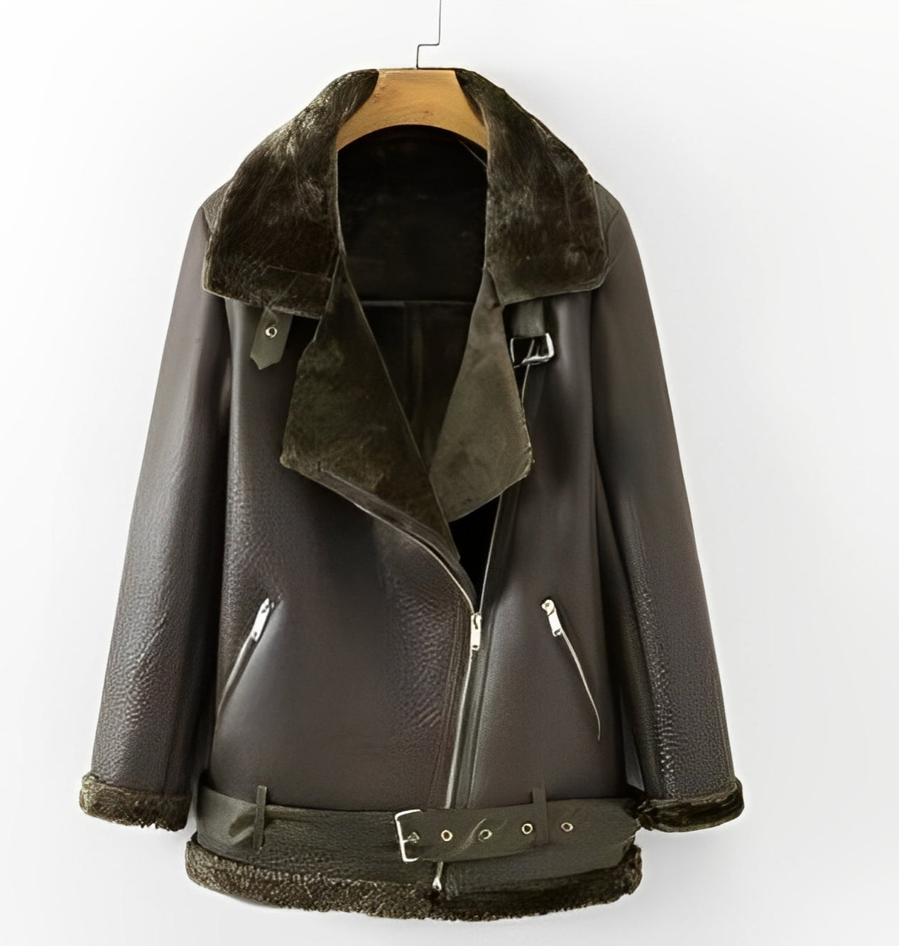 FENON — Faux Shearling Aviator Jacket with Belt Detail