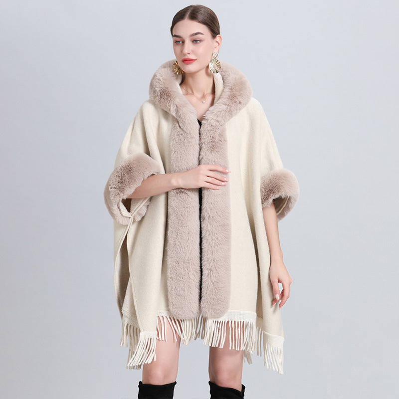 VARON — Plaid Knit Cape Wrap with Faux Fur Collar Detail