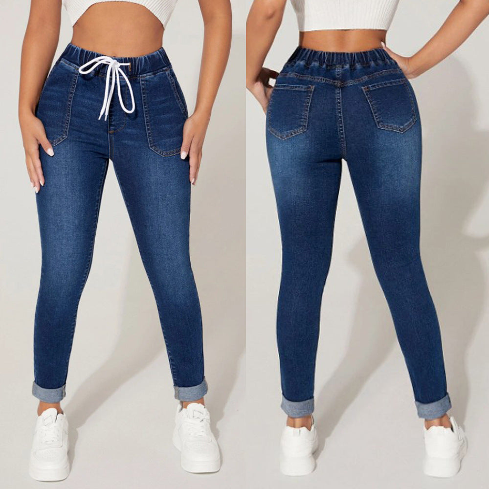 MARON — High-Rise Drawstring Skinny Denim Jeans Pants