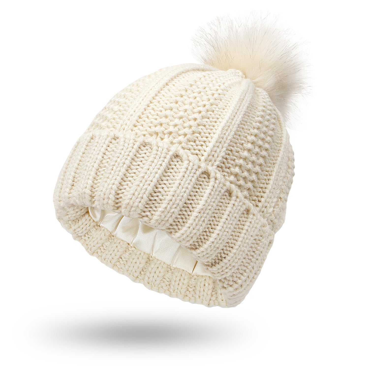LORE — Satin-Lined Faux Fur Pom Beanie for Winter with Sharp Detail