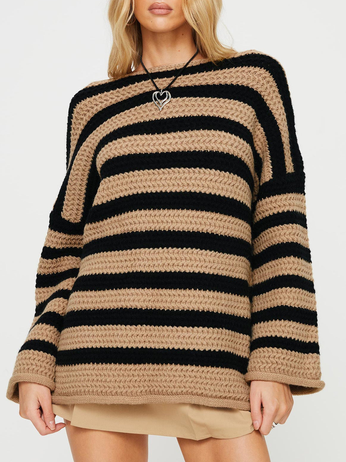 NOVIN — Women's Off-Shoulder Striped Knit Sweater with Sharp Detail