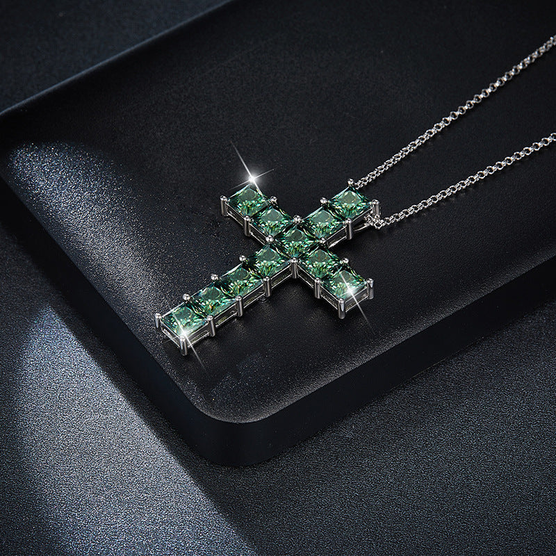 NOXARA — Green Moissanite Cross Necklace in Silver
