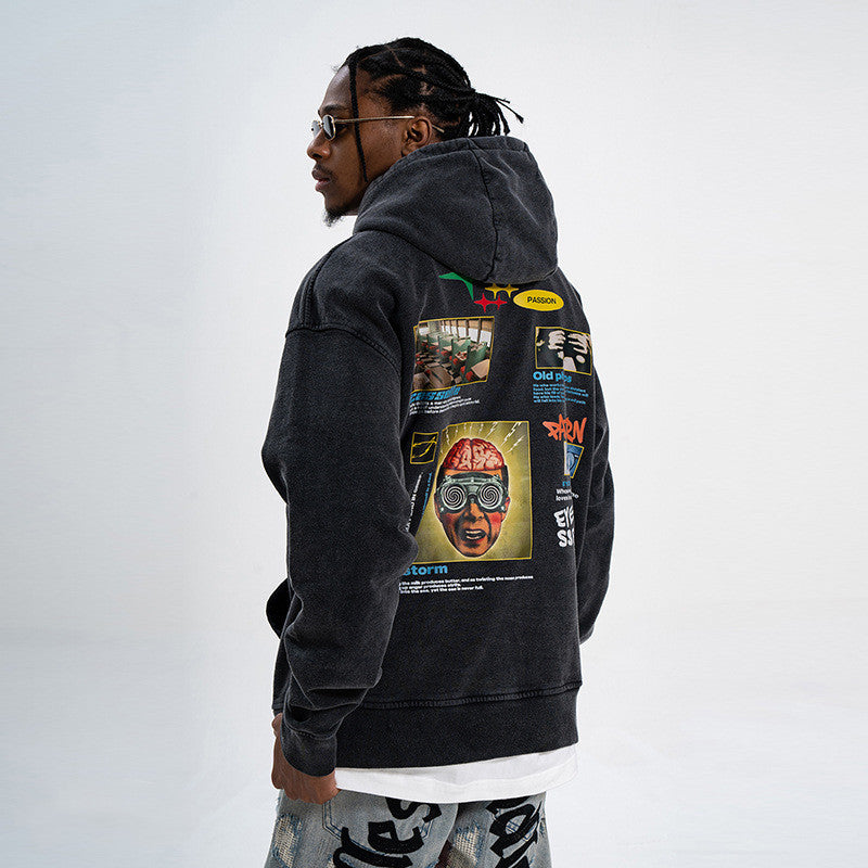 RENORA — Men's Vintage Washed Graphic Streetwear Hoodie