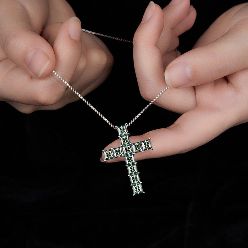 NOXARA — Green Moissanite Cross Necklace in Silver