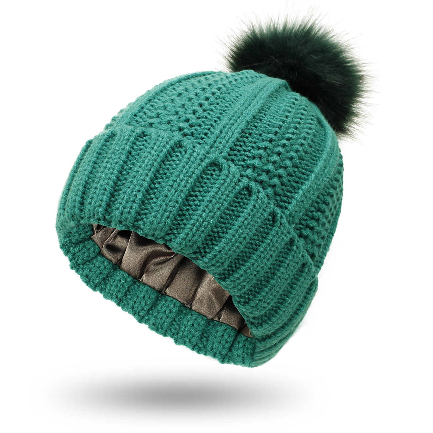 LORE — Satin-Lined Faux Fur Pom Beanie for Winter with Sharp Detail