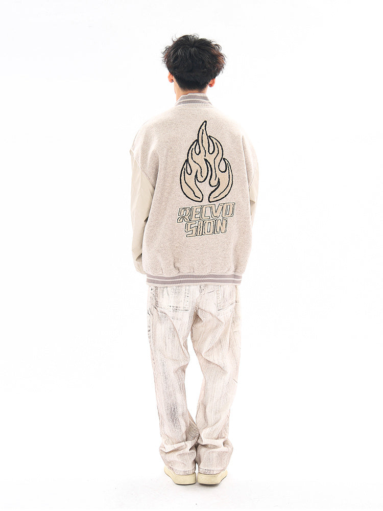 ELELL — Flame Embroidered Varsity Jacket with Contrast