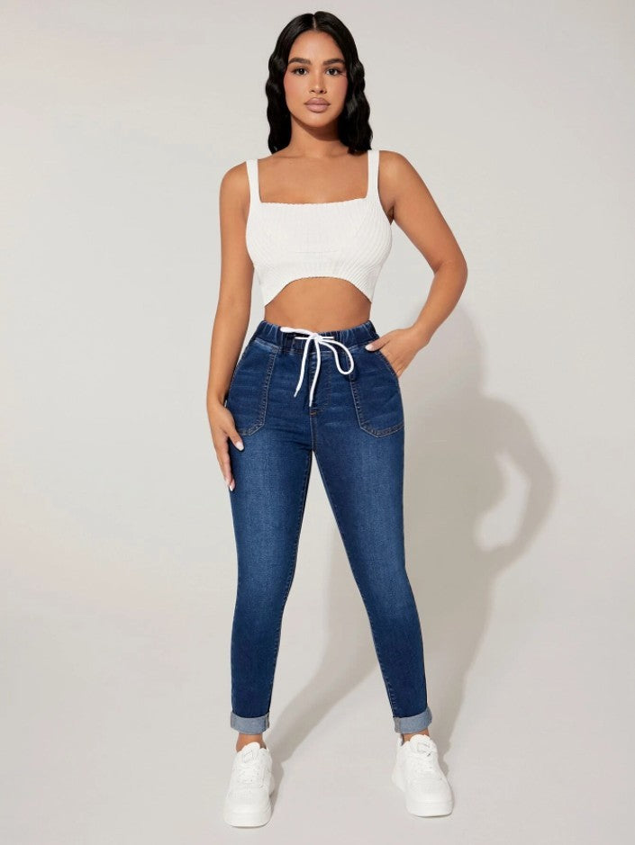 MARON — High-Rise Drawstring Skinny Denim Jeans Pants
