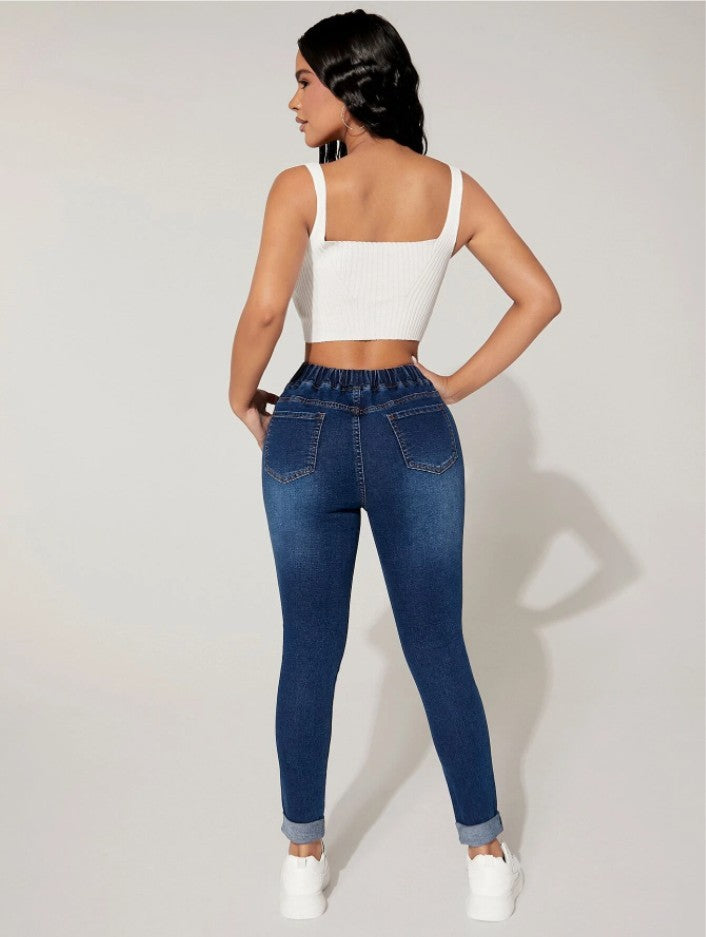 MARON — High-Rise Drawstring Skinny Denim Jeans Pants