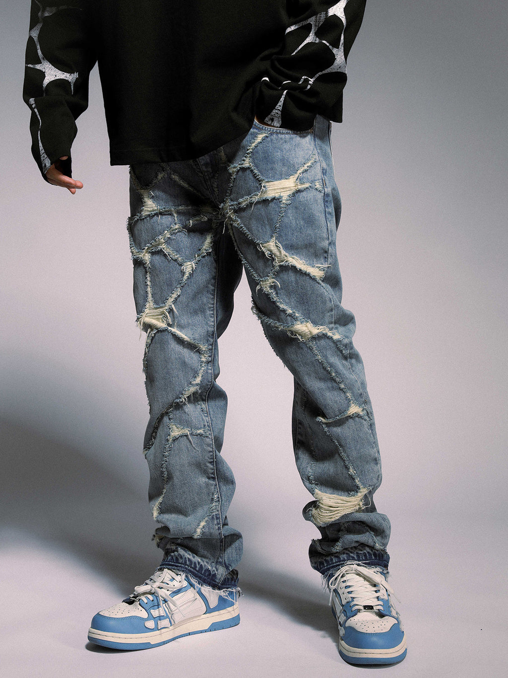 MAVIRA — Men's Distressed Spider Web Straight-Leg Jeans
