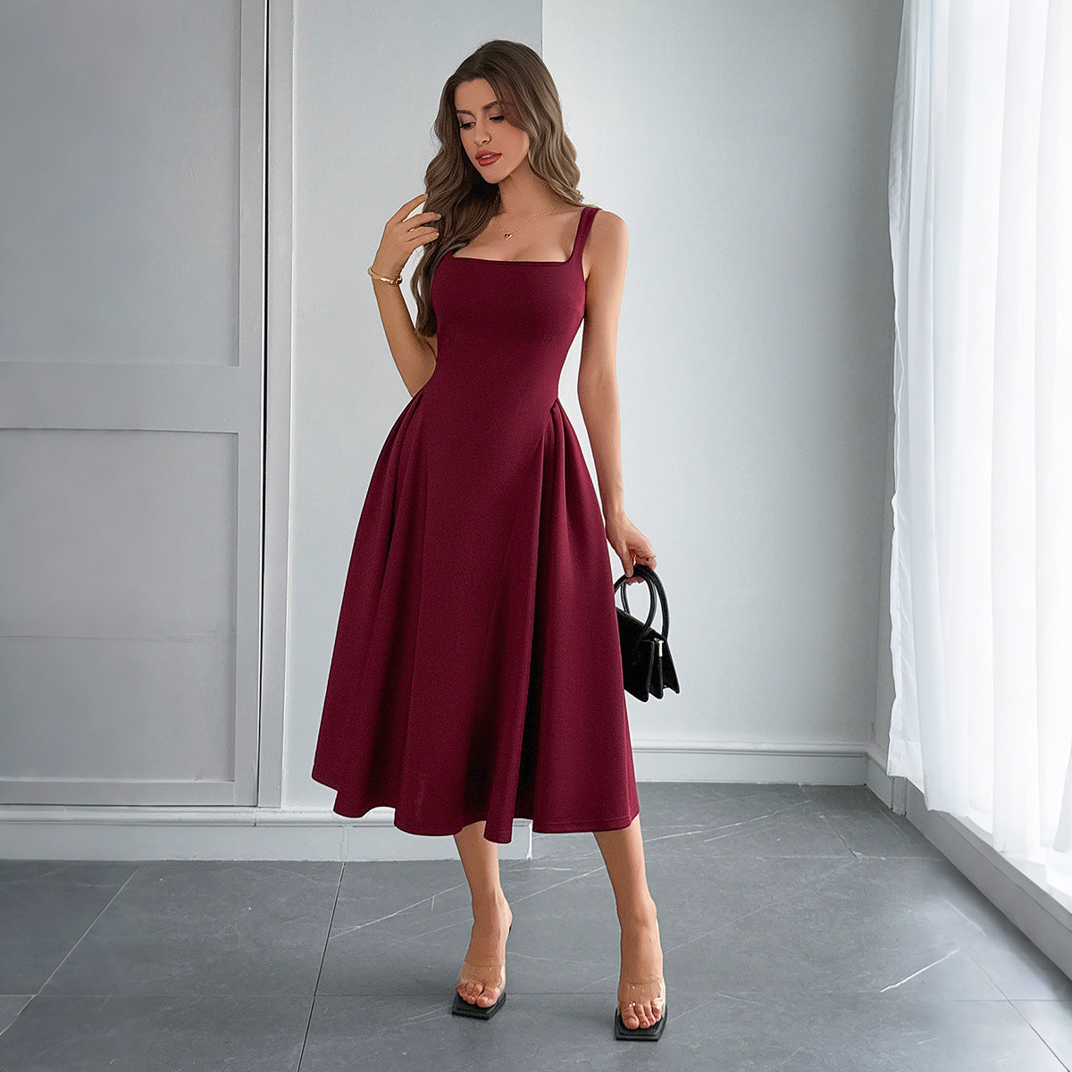 LORDEN — Chic Square-Neck Elegant Midi Dress for Women