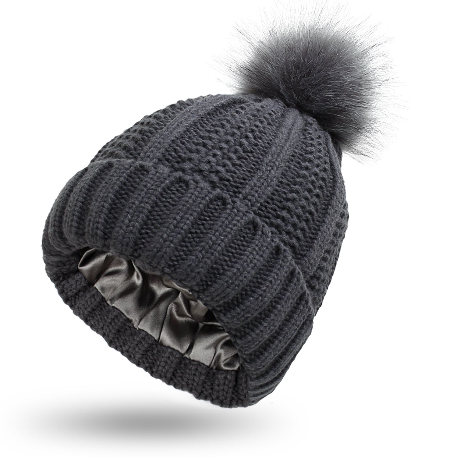 LORE — Satin-Lined Faux Fur Pom Beanie for Winter with Sharp Detail
