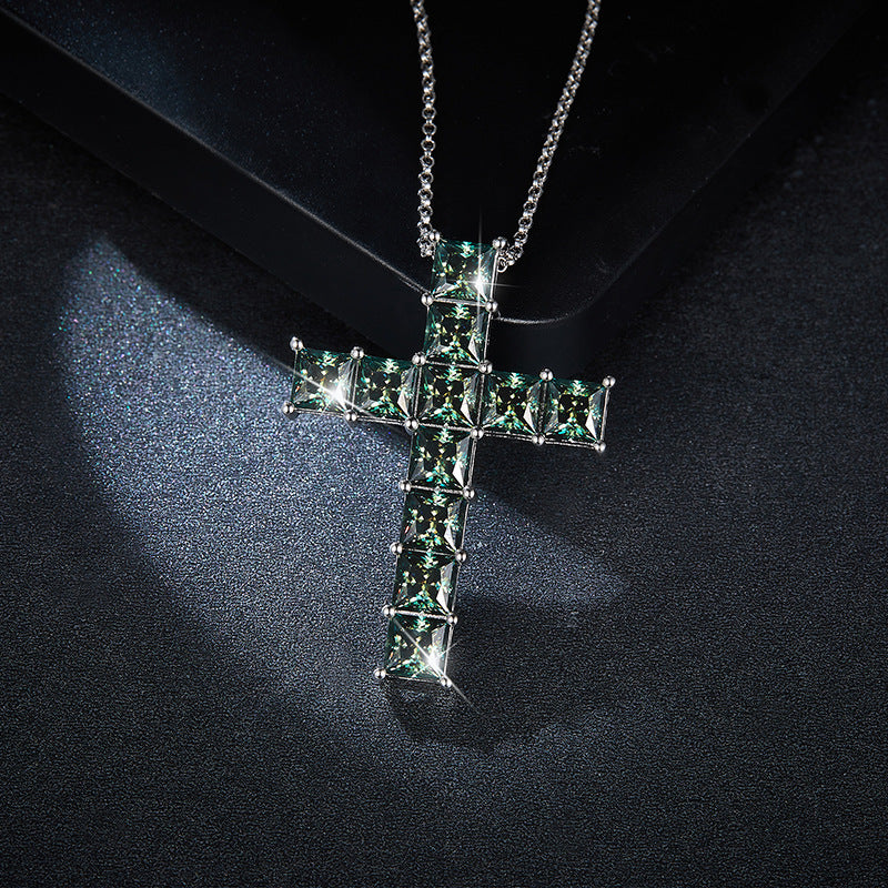 NOXARA — Green Moissanite Cross Necklace in Silver
