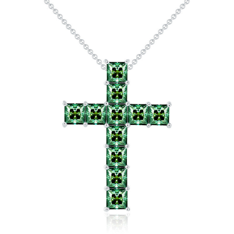 NOXARA — Green Moissanite Cross Necklace in Silver