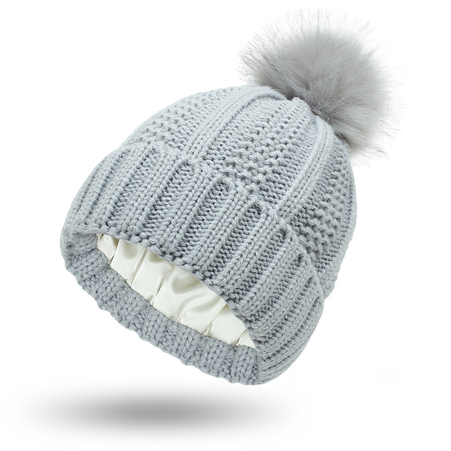LORE — Satin-Lined Faux Fur Pom Beanie for Winter with Sharp Detail