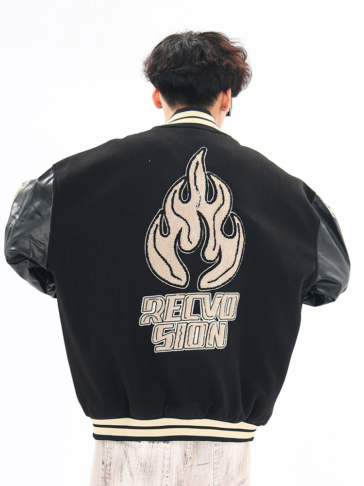 ELELL — Flame Embroidered Varsity Jacket with Contrast