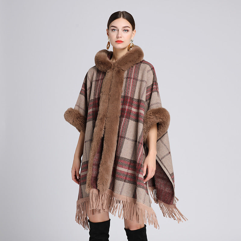 VARON — Plaid Knit Cape Wrap with Faux Fur Collar Detail