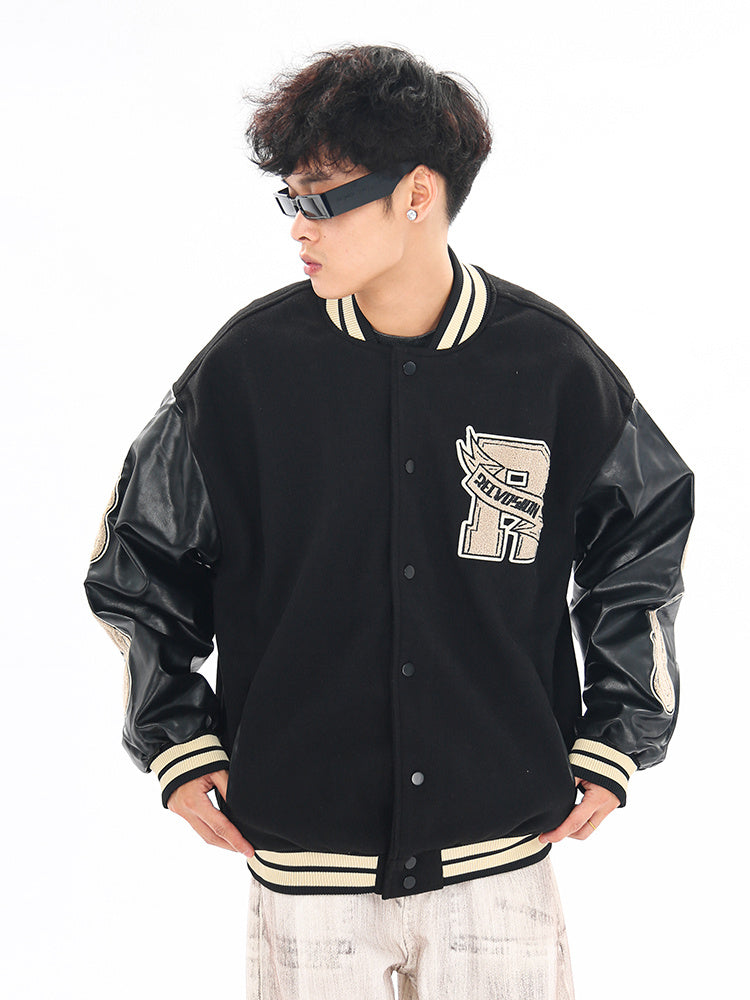 ELELL — Flame Embroidered Varsity Jacket with Contrast