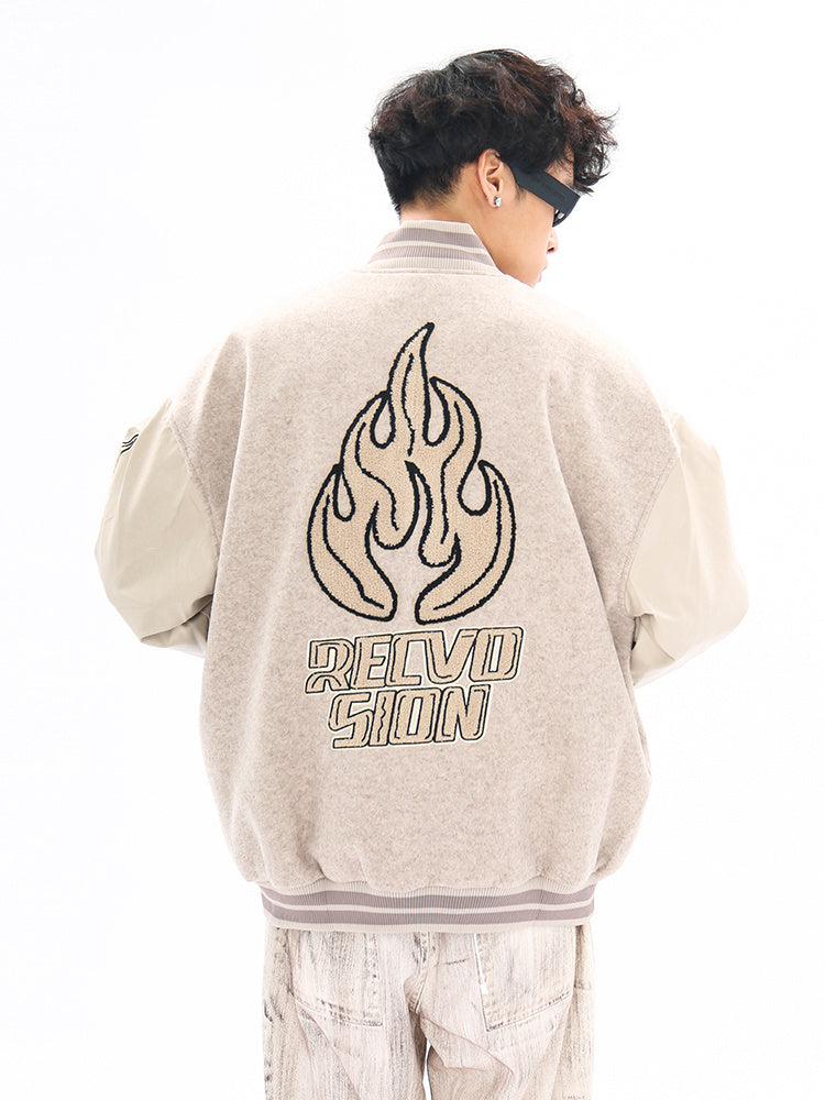 ELELL — Flame Embroidered Varsity Jacket with Contrast