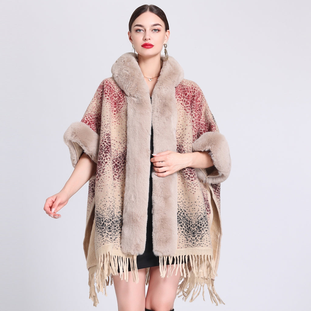 VARON — Plaid Knit Cape Wrap with Faux Fur Collar Detail