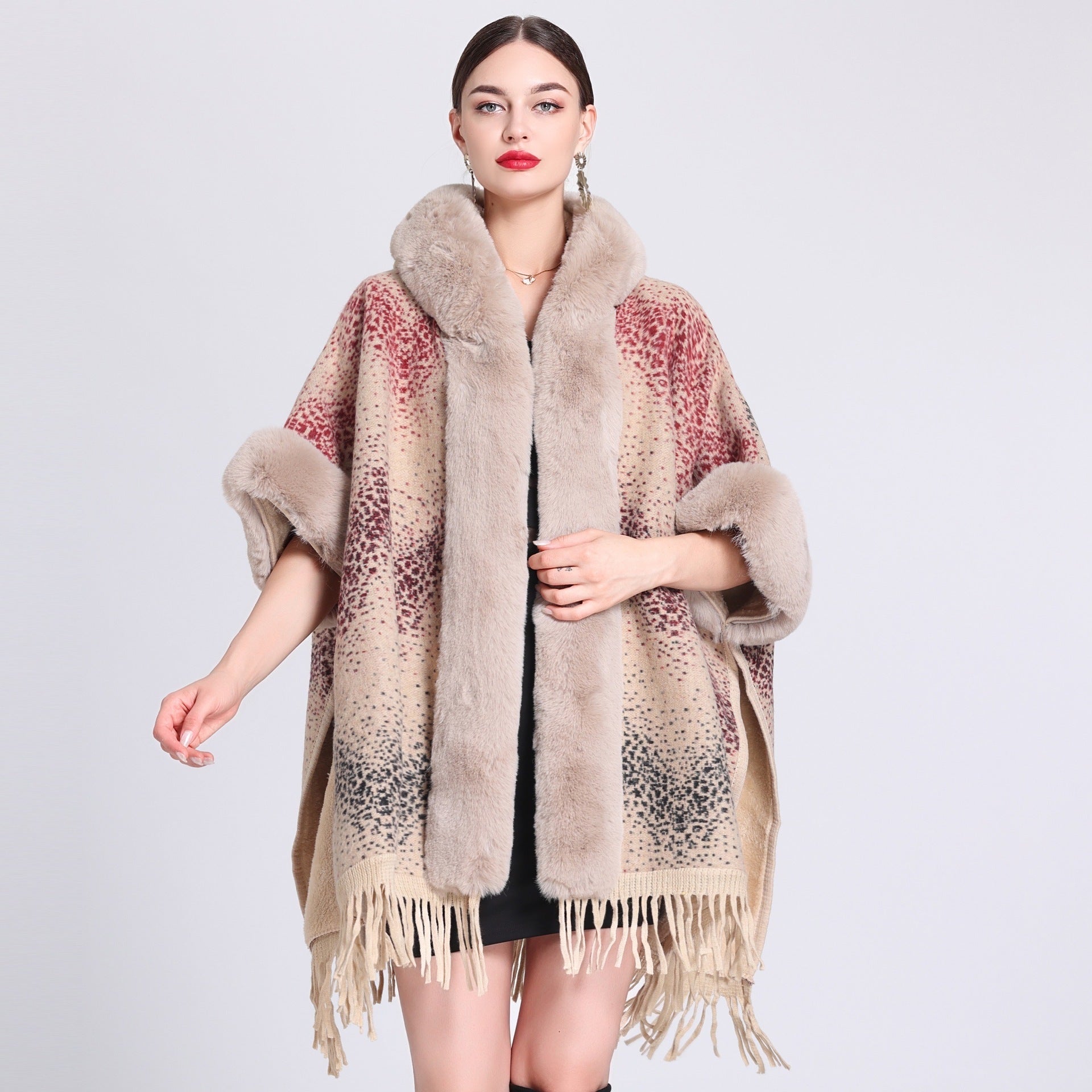 VARON — Plaid Knit Cape Wrap with Faux Fur Collar Detail