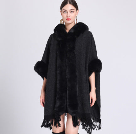 VARON — Plaid Knit Cape Wrap with Faux Fur Collar Detail