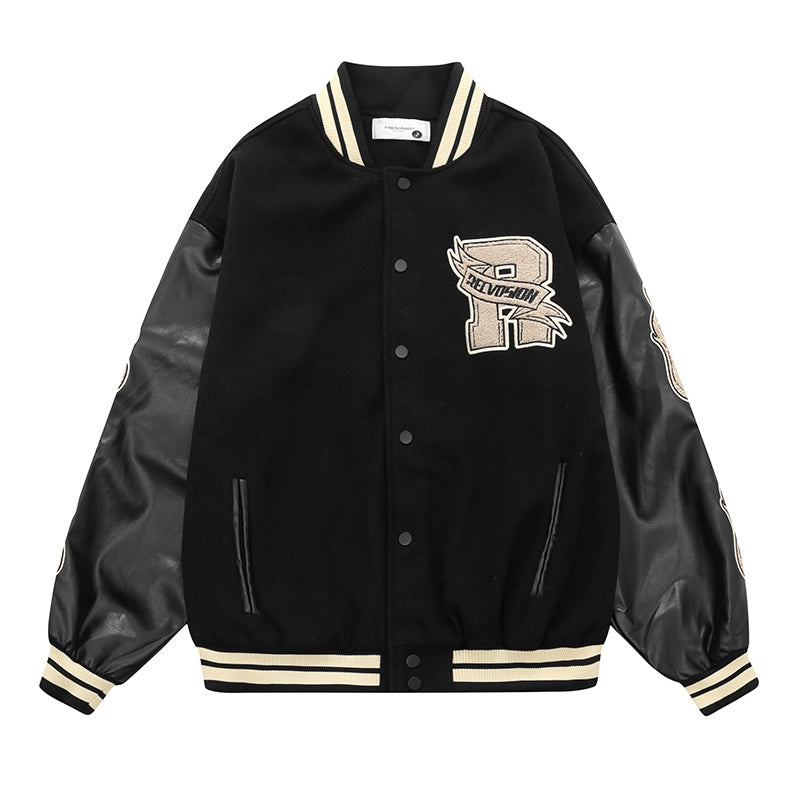 ELELL — Flame Embroidered Varsity Jacket with Contrast