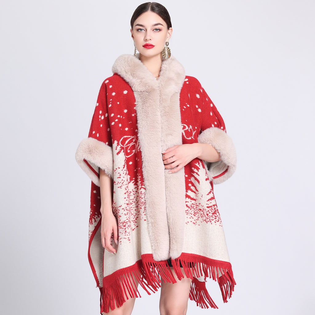 VARON — Plaid Knit Cape Wrap with Faux Fur Collar Detail