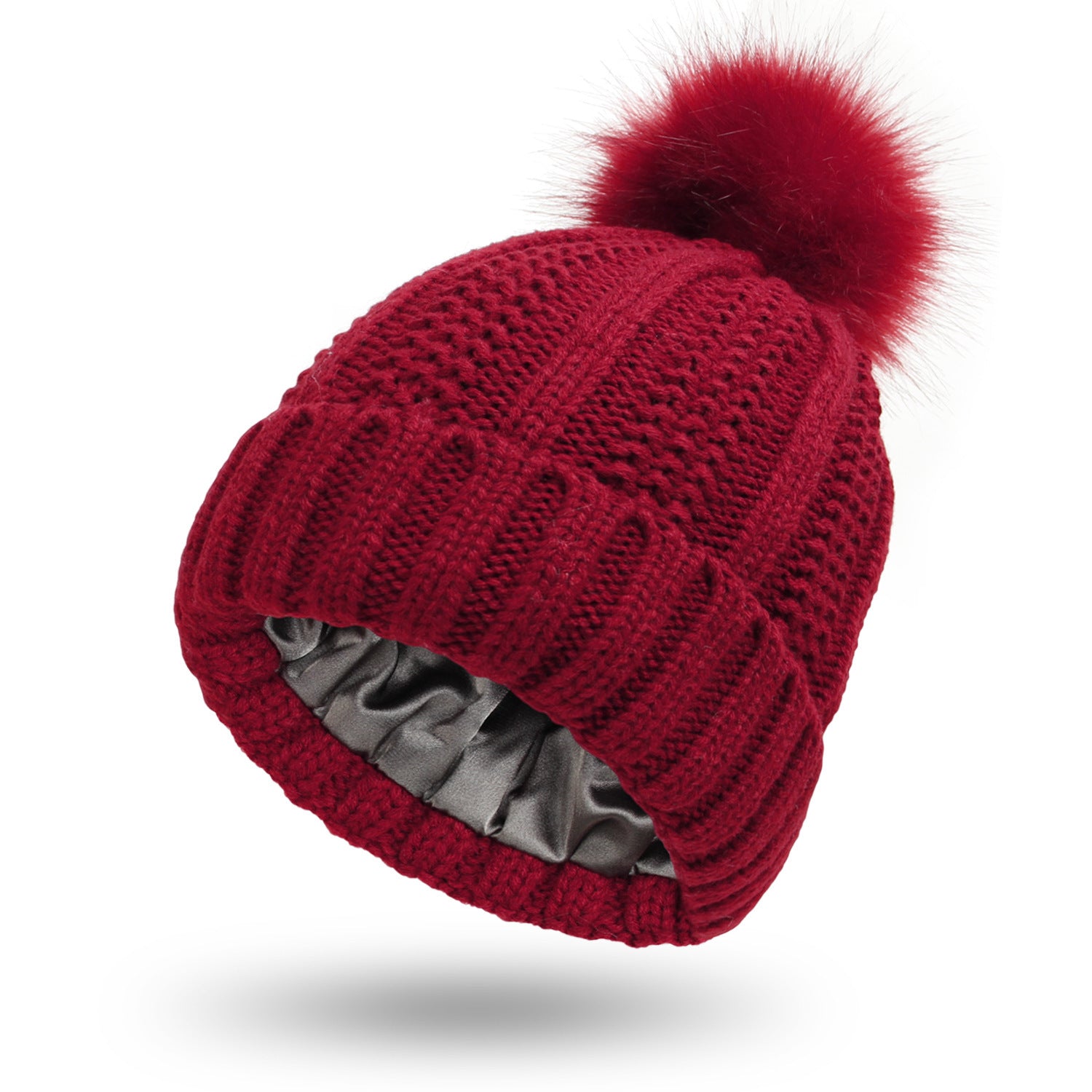 LORE — Satin-Lined Faux Fur Pom Beanie for Winter with Sharp Detail