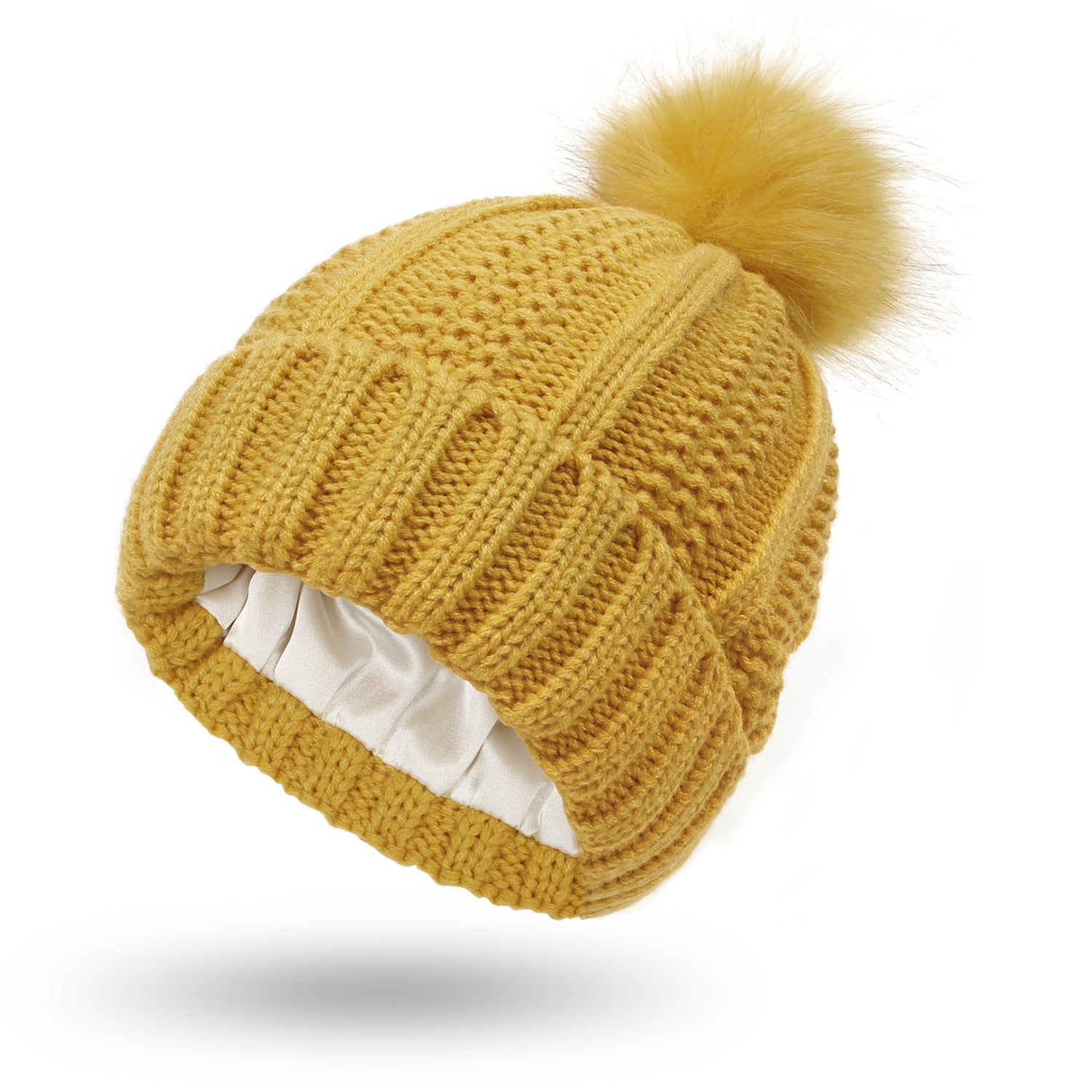 LORE — Satin-Lined Faux Fur Pom Beanie for Winter with Sharp Detail