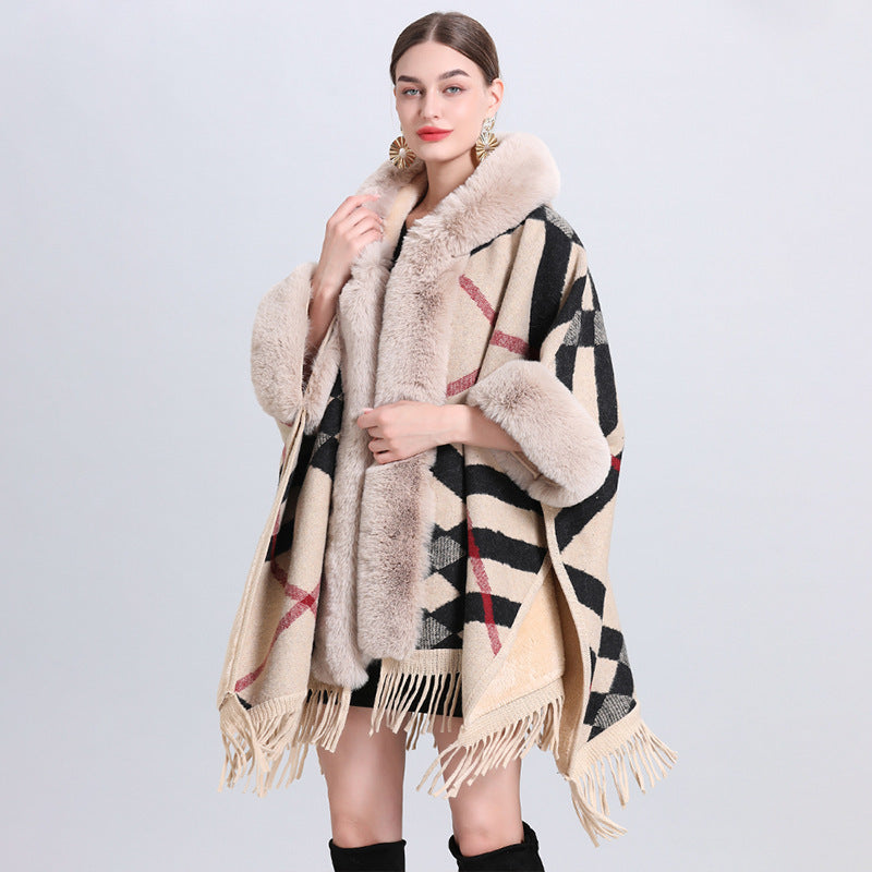 VARON — Plaid Knit Cape Wrap with Faux Fur Collar Detail