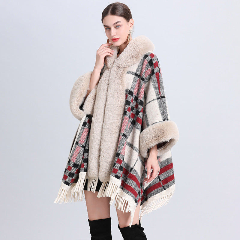 VARON — Plaid Knit Cape Wrap with Faux Fur Collar Detail