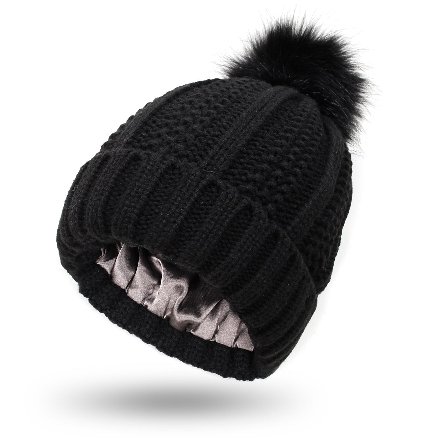 LORE — Satin-Lined Faux Fur Pom Beanie for Winter with Sharp Detail