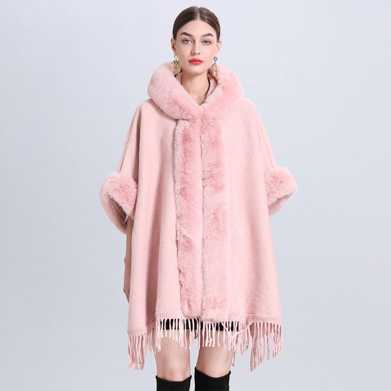VARON — Plaid Knit Cape Wrap with Faux Fur Collar Detail