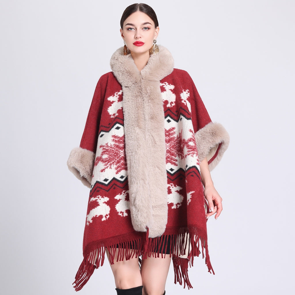 VARON — Plaid Knit Cape Wrap with Faux Fur Collar Detail