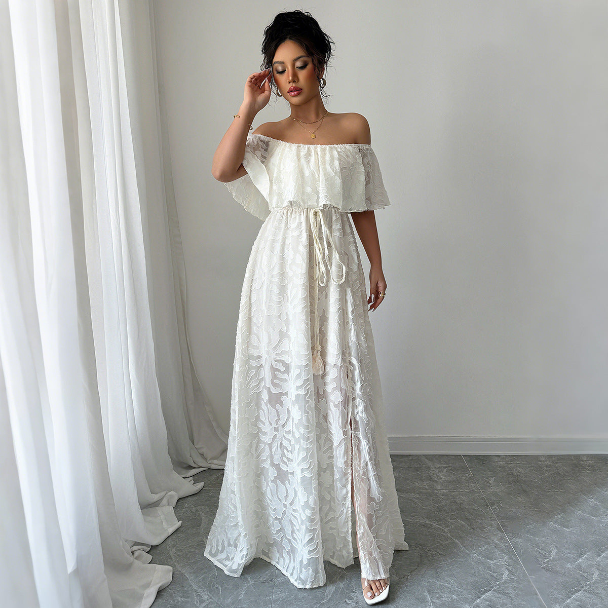 KORRIS — Off-Shoulder Lace Dress with Clean AURA Shape