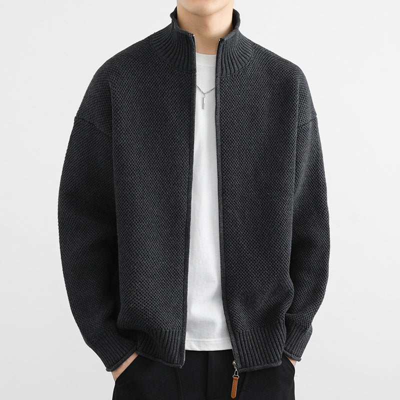 CELIRA — Zip-Up Knit Cardigan with High Stand Collar