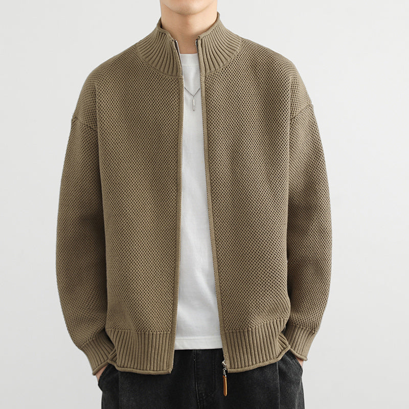 CELIRA — Zip-Up Knit Cardigan with High Stand Collar