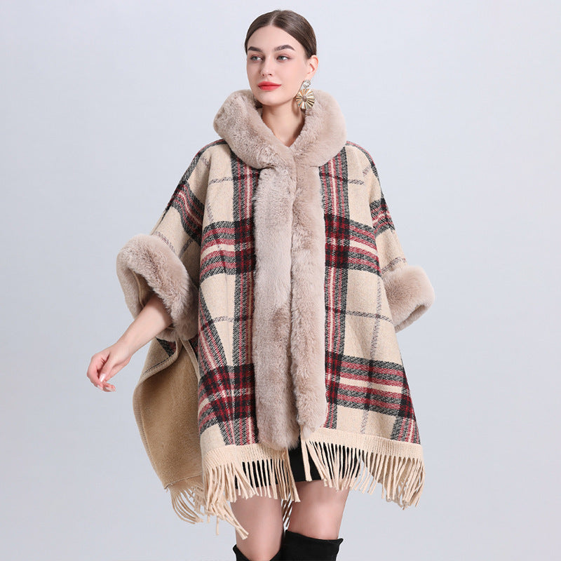 VARON — Plaid Knit Cape Wrap with Faux Fur Collar Detail